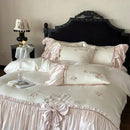 GobekUsa French Bow Ruffle Flower Embroidery Bedding Set - Luxury Lyocell Cotton