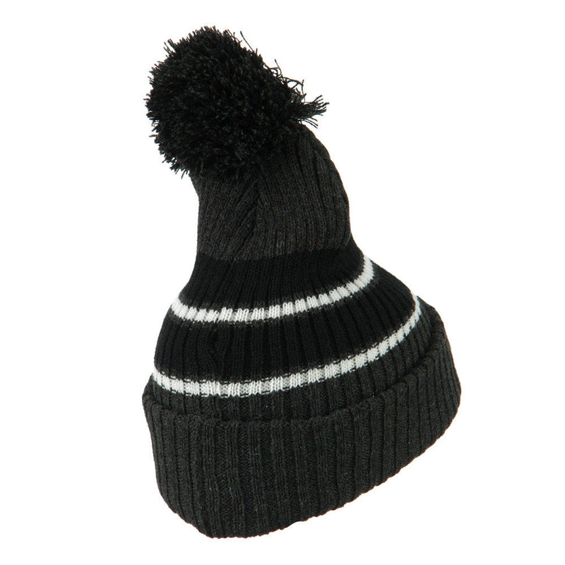 Two Tone Striped Knit Pom Beanie