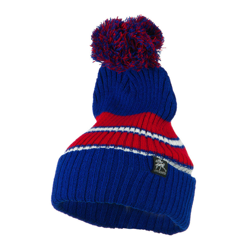 Two Tone Striped Knit Pom Beanie