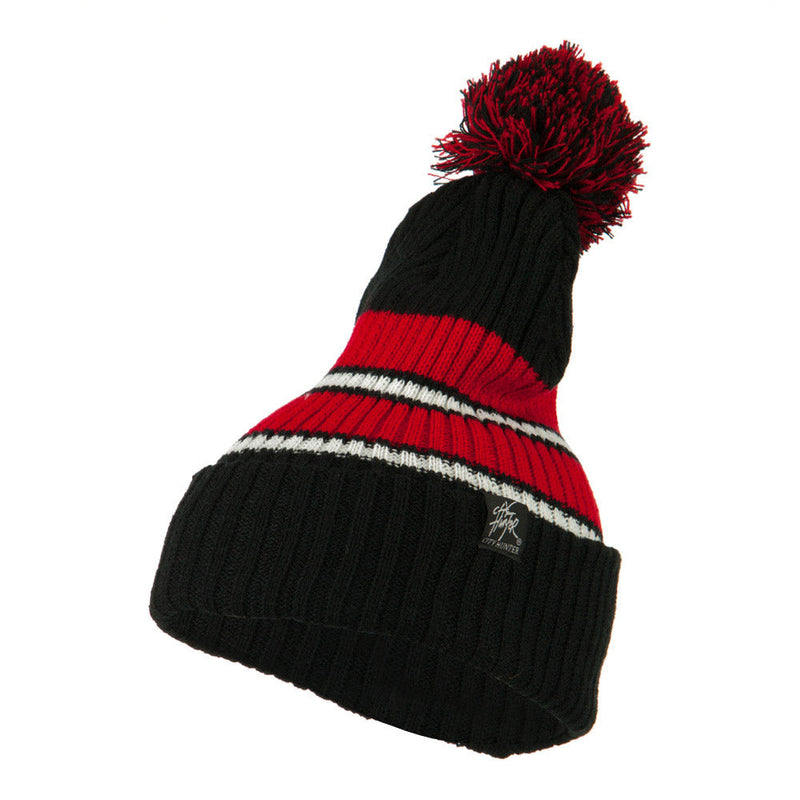 Two Tone Striped Knit Pom Beanie