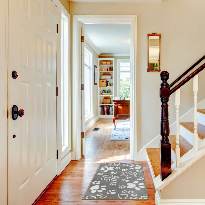 Sussex Home, Landing Rug, Slip Resistant Indoor Carpets Includes Adhesive Tape  2' x 3'-Paw Collection |Gray&White