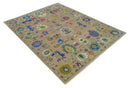 Peach Blue and Olive Hand Knotted Oushak Wool Area Rug - Turkish