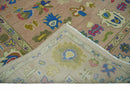Peach Blue and Olive Hand Knotted Oushak Wool Area Rug - Turkish