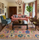 Peach Blue and Olive Hand Knotted Oushak Wool Area Rug - Turkish