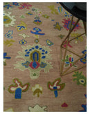 Peach Blue and Olive Hand Knotted Oushak Wool Area Rug - Turkish