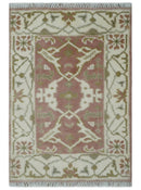 Peach, Ivory and Olive hand knotted 2x3 Oriental Oushak Wool Area Rug