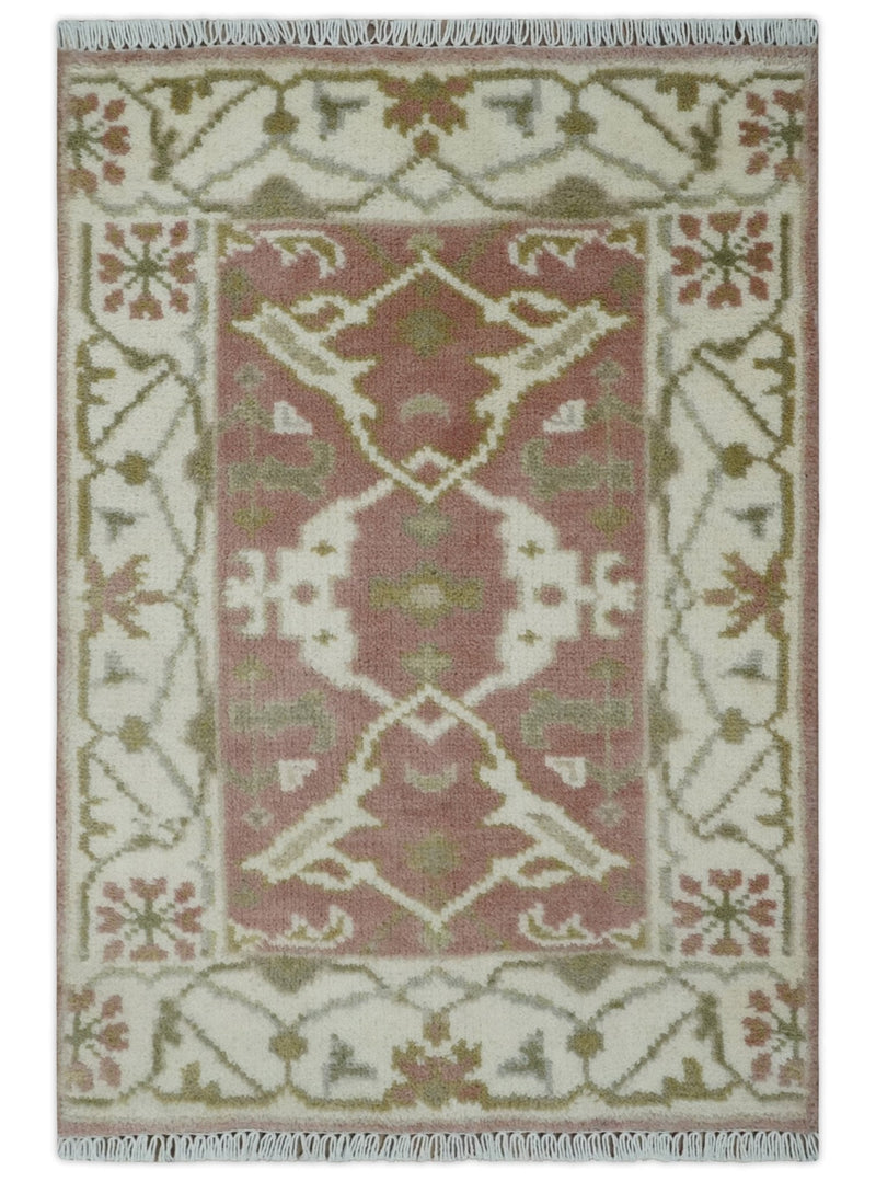 Peach, Ivory and Olive hand knotted 2x3 Oriental Oushak Wool Area Rug