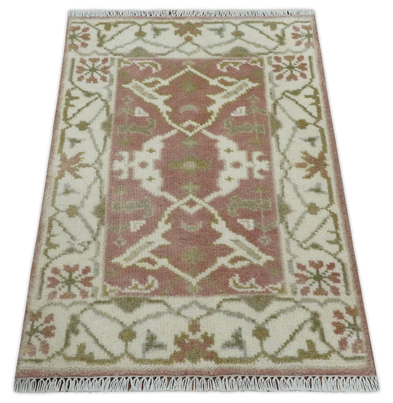 Peach, Ivory and Olive hand knotted 2x3 Oriental Oushak Wool Area Rug