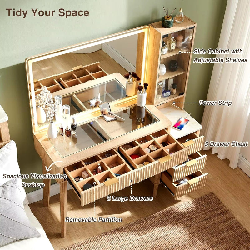 48" Modern Fluted Makeup Vanity Desk with Large 36" Mirror & Lights,