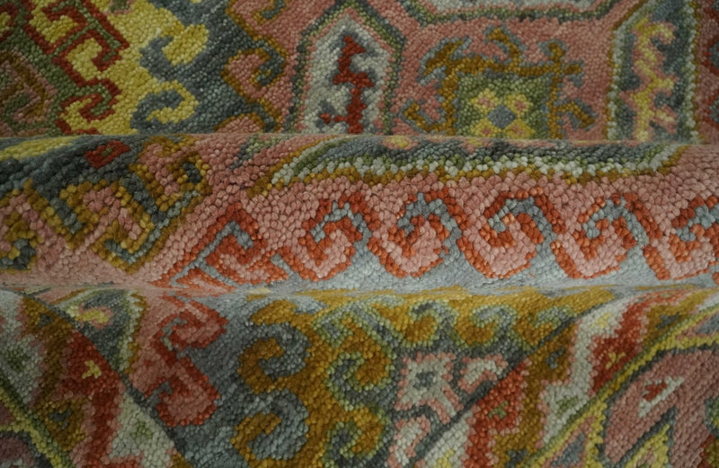 Peach, Mustard, Brown and Gray Oriental Hand Knotted 8x10 and 9x12 Wool Area Rug