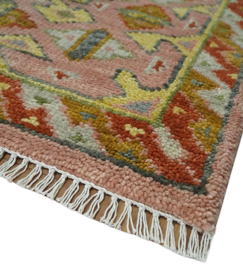 Peach, Mustard, Brown and Gray Oriental Hand Knotted 8x10 and 9x12 Wool Area Rug