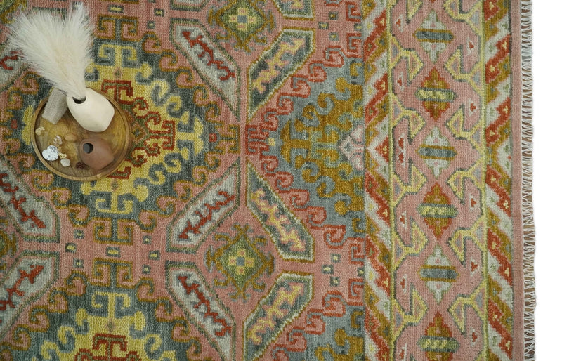 Peach, Mustard, Brown and Gray Oriental Hand Knotted 8x10 and 9x12 Wool Area Rug