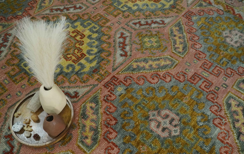 Peach, Mustard, Brown and Gray Oriental Hand Knotted 8x10 and 9x12 Wool Area Rug