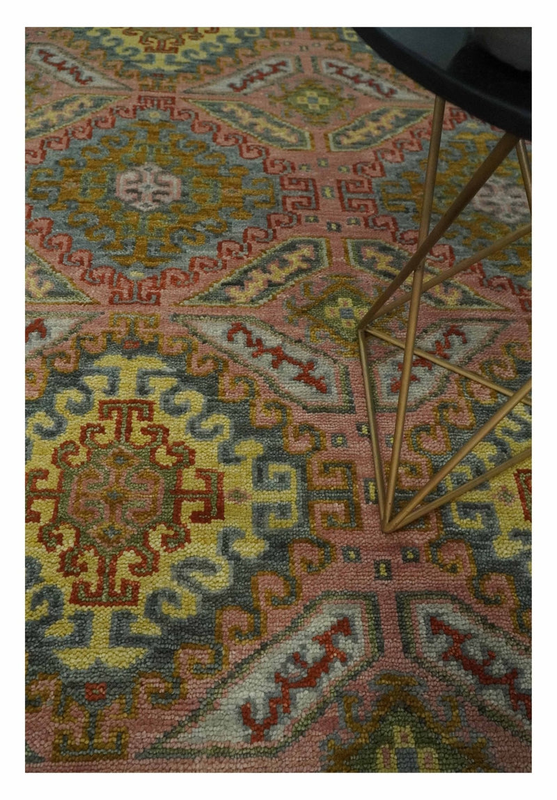 Peach, Mustard, Brown and Gray Oriental Hand Knotted 8x10 and 9x12 Wool Area Rug