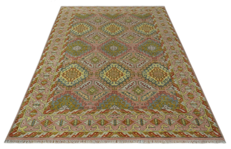 Peach, Mustard, Brown and Gray Oriental Hand Knotted 8x10 and 9x12 Wool Area Rug