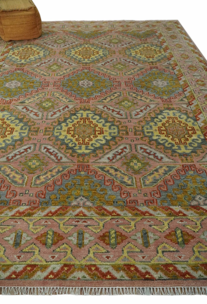 Peach, Mustard, Brown and Gray Oriental Hand Knotted 8x10 and 9x12 Wool Area Rug