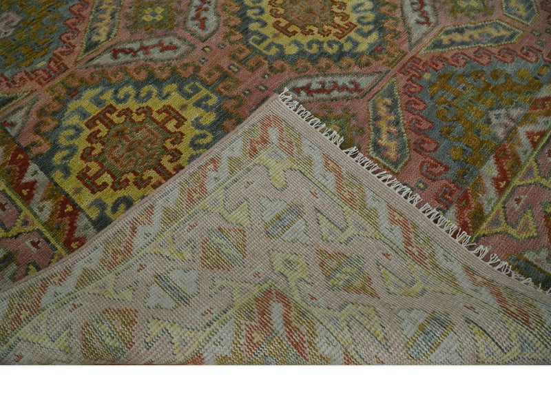 Peach, Mustard, Brown and Gray Oriental Hand Knotted 8x10 and 9x12 Wool Area Rug