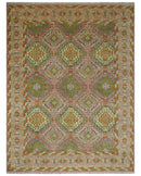 Peach, Mustard, Brown and Gray Oriental Hand Knotted 8x10 and 9x12 Wool Area Rug