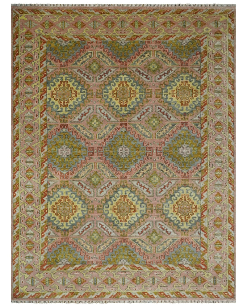 Peach, Mustard, Brown and Gray Oriental Hand Knotted 8x10 and 9x12 Wool Area Rug