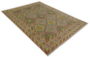 Peach, Mustard, Brown and Gray Oriental Hand Knotted Multi Size Wool Area Rug, Living Room and Bedroom Rug