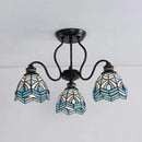GobekUsa Peacock Stained Glass Semi Flush Light with 3 Lights – Traditional Bowl Style