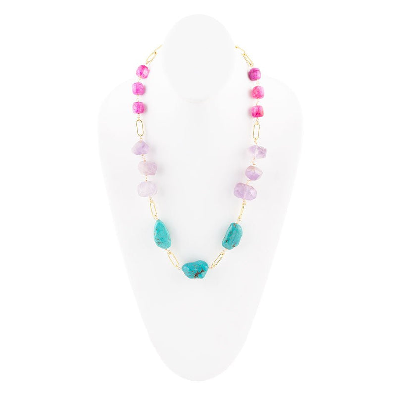 Purple Periwinkle Amethyst and Blue Turquoise Long Golden Necklace