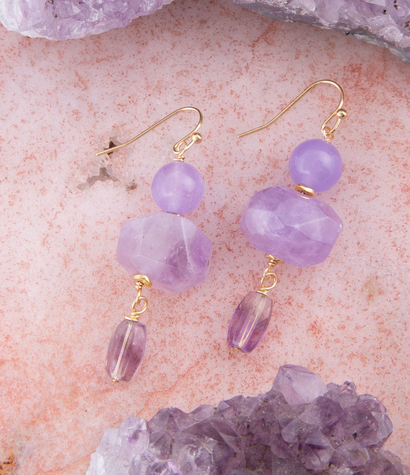 Purple Periwinkle Amethyst Golden Drop Earrings