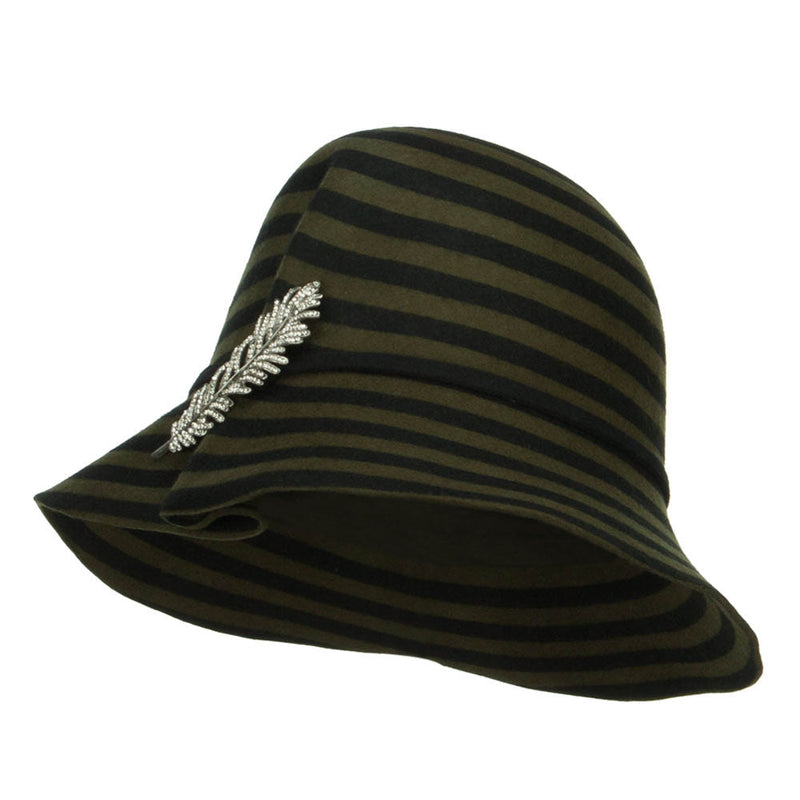 Striped Leaf Pin Floppy Cloche Hat