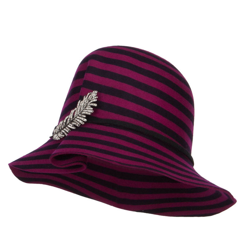 Striped Leaf Pin Floppy Cloche Hat