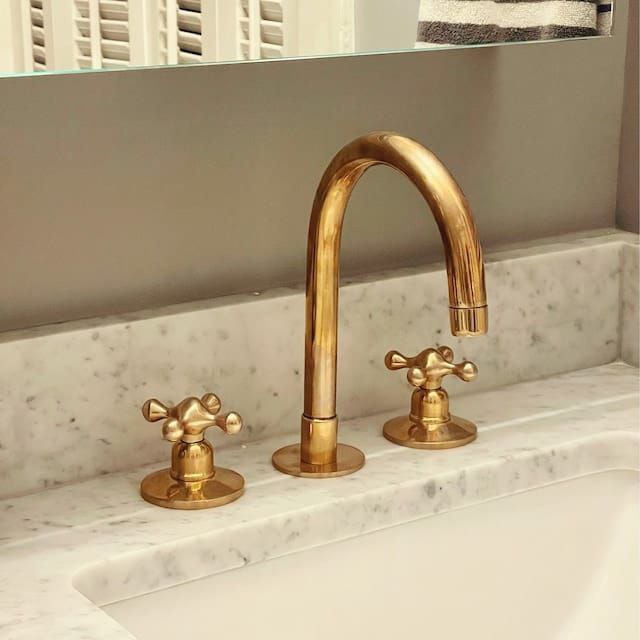 Unlacquered Brass Widespread Kitchen Faucet, Solid Brass 3-Holes Deck Mount Faucet, Simple Cross Handles