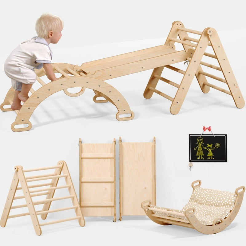 Pikler Triangle Set for Toddlers: Triangle Ladder + Climbing Arch + Slide Board + Cushion