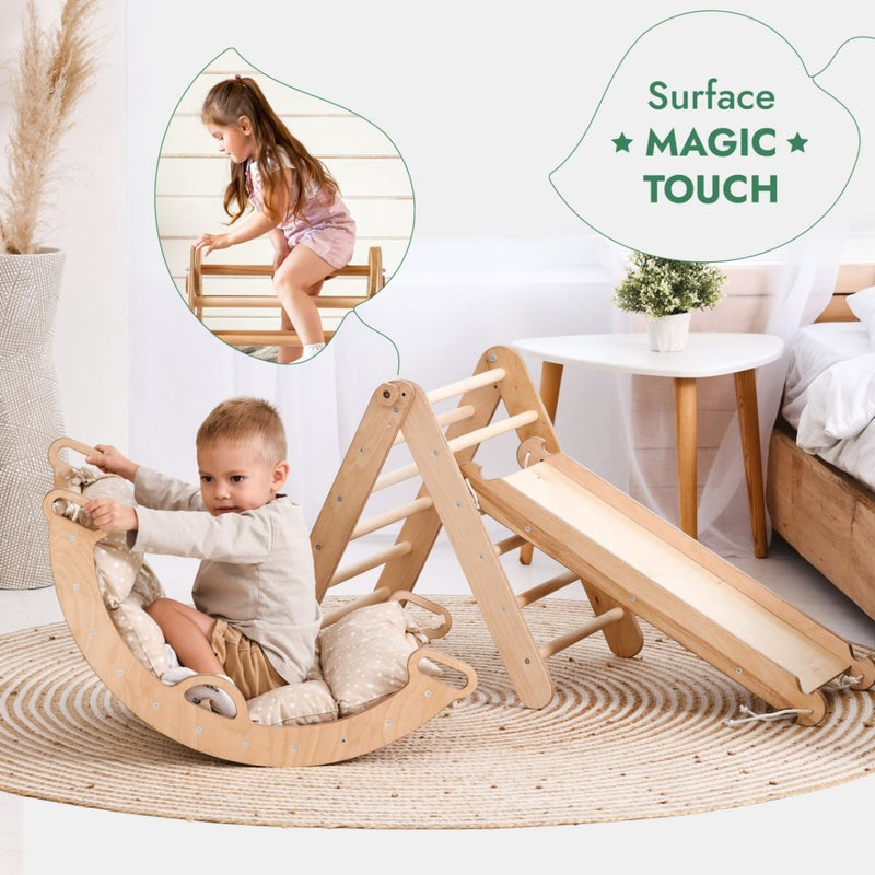 Pikler Triangle Set for Toddlers: Triangle Ladder + Climbing Arch + Slide Board + Cushion