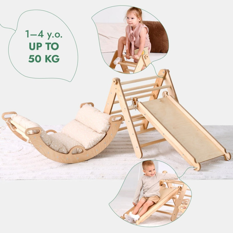 Pikler Triangle Set for Toddlers: Triangle Ladder + Climbing Arch + Slide Board + Cushion