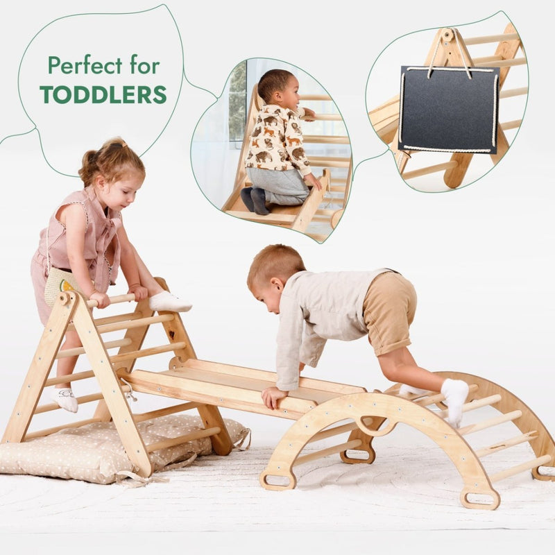 Pikler Triangle Set for Toddlers: Triangle Ladder + Climbing Arch + Slide Board + Cushion