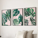 Pink Botanical 3 Piece Wall Art. Green Monstera Leaves Print by Wall Art Set