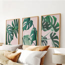 Pink Botanical 3 Piece Wall Art. Green Monstera Leaves Print by Wall Art Set