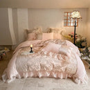 GobekUsa French Lace Ruffles Princess Bedding Set with Warm Milk Velvet Duvet Cover