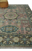 Pink, Beige and Olive Hand knotted Medallion Mamluk Design 8x10 wool Area Rug by The Rug Decor