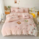 GobekUsa Cartoon Rabbit Applique Embroidery Bedding Set with Velvet Fleece for Cozy Comfort