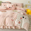 GobekUsa Cartoon Rabbit Applique Embroidery Bedding Set with Velvet Fleece for Cozy Comfort