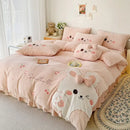 GobekUsa Cartoon Rabbit Applique Embroidery Bedding Set with Velvet Fleece for Cozy Comfort