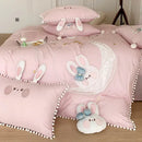 GobekUsa Cartoon Rabbit Moon Embroidery 100% Cotton Girls Bedding Set with Ball Edge