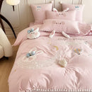 GobekUsa Cartoon Rabbit Moon Embroidery 100% Cotton Girls Bedding Set with Ball Edge