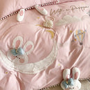 GobekUsa Cartoon Rabbit Moon Embroidery 100% Cotton Girls Bedding Set with Ball Edge