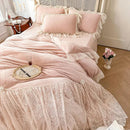 GobekUsa French Lace Ruffles Princess Wedding Bedding Set, Velvet Fleece Duvet Cover Set