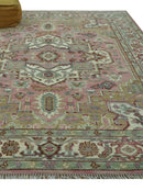 Pink, Ivory and Olive Hand Knotted Traditional Custom Made Size wool Rug