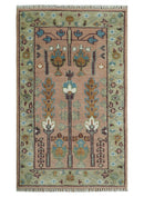 Pink, Olive and Beige Traditional Vintage Heriz Serapi Wool Rug