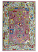 Pink and Blue Wool Oushak Area Rug - Hand Knotted Traditional by The Rug Decor