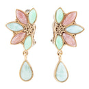 Pink Rhodonite Blue Amazonite and Varacite Petals Golden Clip Earrings