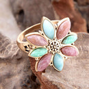 Pink Rhodonite Blue Amazonite and Green Varacite Petals Golden Statement Ring